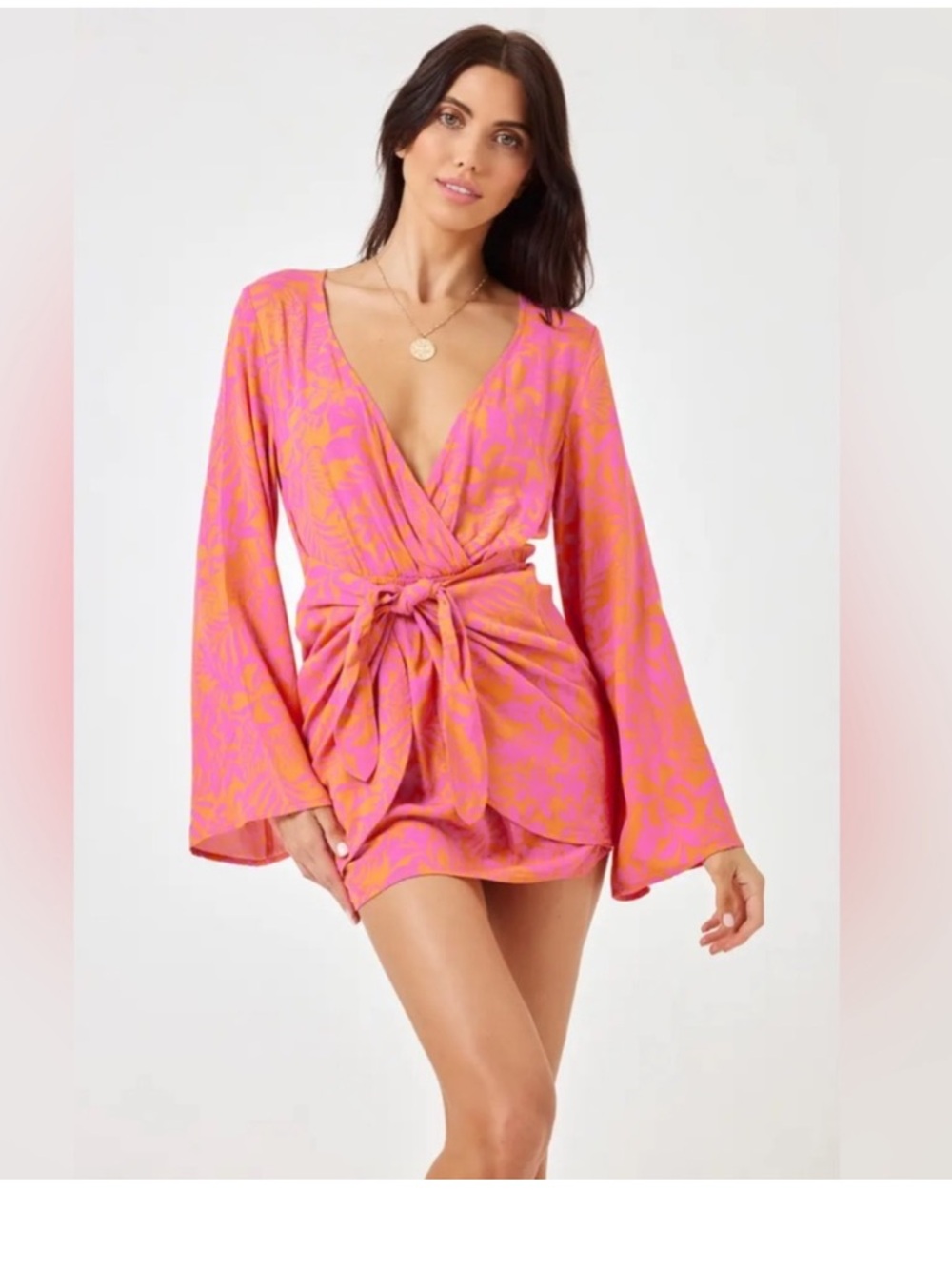 L*space Pink & Orange Tie-Waist Wrap Mini Dress